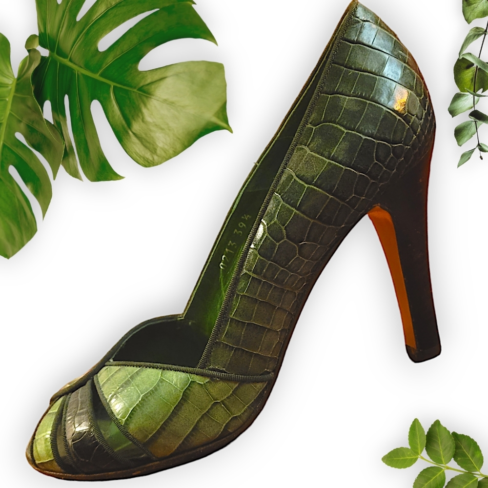 Theory Green Leather Croc Print Heels Sz 39.5 US 9